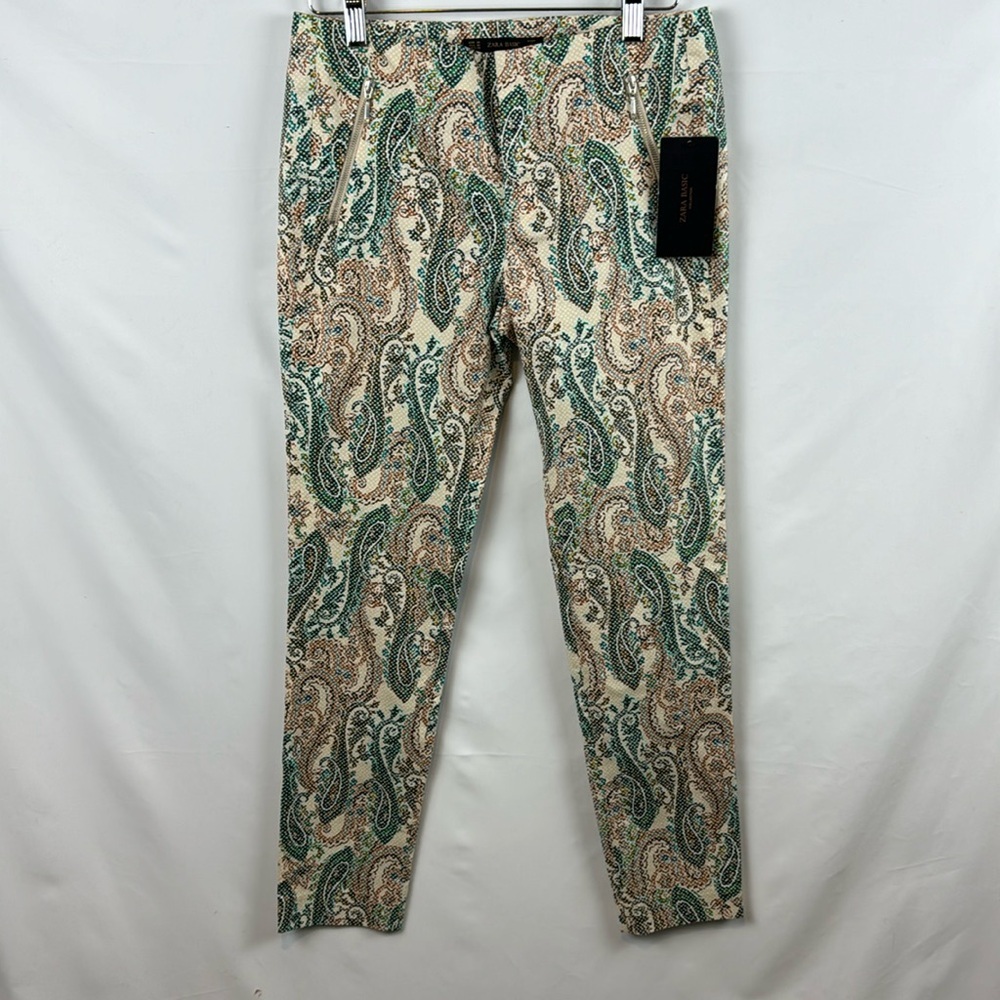 ZARA Paisley Print Cropped Beige Aqua Casual Pants Size M - New with Tags